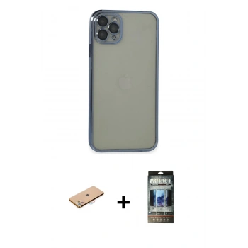 MARSİLYAN™- iPhone 11 Pro Max Kılıf Vadi Minimal - Siyah 34D Hayalet Izgaralı Cam + Renkli Kamera Lens Koruma Cam - PE
