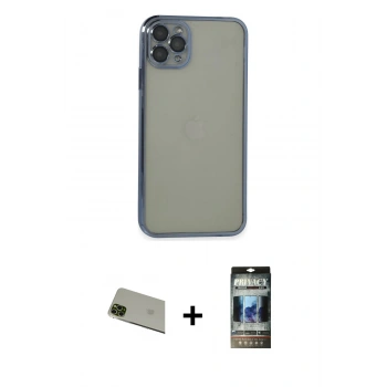 MARSİLYAN™- iPhone 11 Pro Max Kılıf Vadi Minimal - Siyah 34D Hayalet Izgaralı Cam + Rainbow Kamera Lens Koruma Cam - YL