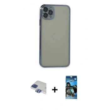 MARSİLYAN™- iPhone 11 Pro Max Kılıf Vadi Minimal - Siyah 34D Izgaralı Cam + Pers Alüminyum Kamera Lens - LT