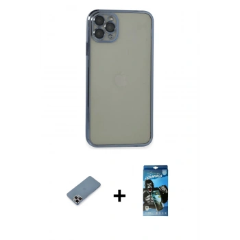 MARSİLYAN™- iPhone 11 Pro Max Kılıf Vadi Minimal - Siyah 34D Izgaralı Cam + Metal Kamera Lens Koruma Cam - MR