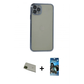 MARSİLYAN™- iPhone 11 Pro Max Kılıf Vadi Minimal - Siyah 34D Izgaralı Cam + Rainbow Kamera Lens Koruma Cam - YL