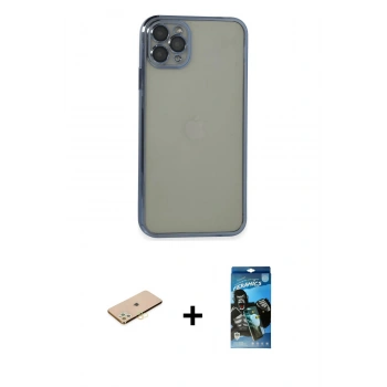 MARSİLYAN™- iPhone 11 Pro Max Kılıf Vadi Minimal - Siyah 34D Izgaralı Cam + Renkli Kamera Lens Koruma Cam - SI