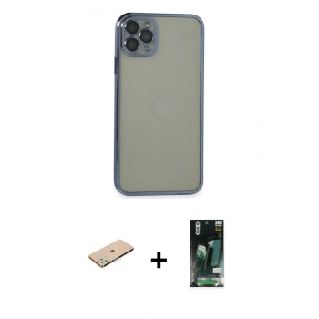 MARSİLYAN™- iPhone 11 Pro Max Kılıf Vadi Minimal - Siyah 360 Mat Full Body Arka Koruyucu + Renkli Kamera Lens Koruma Cam - YL