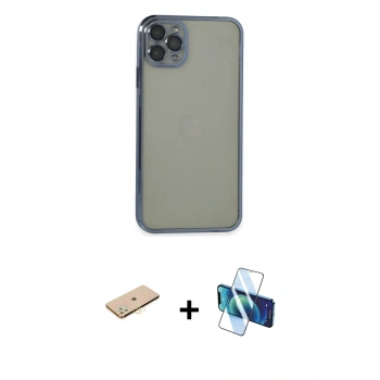 MARSİLYAN™- iPhone 11 Pro Max Kılıf Vadi Minimal - Siyah 3D Antistatik Cam Ekran Koruyucu + Renkli Kamera Lens Koruma Cam - SI