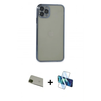 MARSİLYAN™- iPhone 11 Pro Max Kılıf Vadi Minimal - Siyah 3D Antistatik Cam Ekran Koruyucu + Rainbow Kamera Lens Koruma Cam - YL