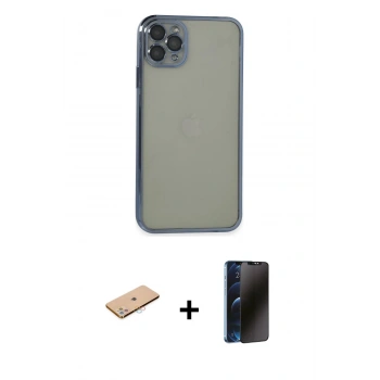 MARSİLYAN™- iPhone 11 Pro Max Kılıf Vadi Minimal - Siyah 3D Antistatik Hayalet Cam Ekran Koruyucu + Renkli Kamera Lens Koruma Cam - PE