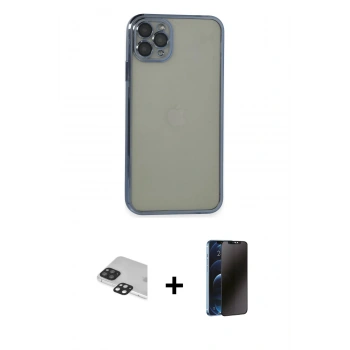 MARSİLYAN™- iPhone 11 Pro Max Kılıf Vadi Minimal - Siyah 3D Antistatik Hayalet Cam Ekran Koruyucu + Pers Alüminyum Kamera Lens - SH