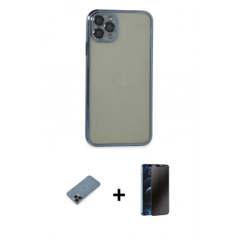 MARSİLYAN™- iPhone 11 Pro Max Kılıf Vadi Minimal - Siyah 3D Antistatik Hayalet Cam Ekran Koruyucu + Metal Kamera Lens Koruma Cam - SH