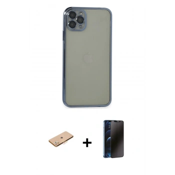 MARSİLYAN™- iPhone 11 Pro Max Kılıf Vadi Minimal - Siyah 3D Antistatik Hayalet Cam Ekran Koruyucu + Renkli Kamera Lens Koruma Cam - TU