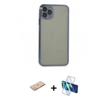 MARSİLYAN™- iPhone 11 Pro Max Kılıf Vadi Minimal - Siyah 3D Antistatik Seramik Nano Ekran Koruyucu + Renkli Kamera Lens Koruma Cam - YL