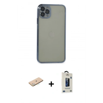 MARSİLYAN™- iPhone 11 Pro Max Kılıf Vadi Minimal - Siyah Bilvis Hayalet Cam Ekran Koruyucu + Renkli Kamera Lens Koruma Cam - MI