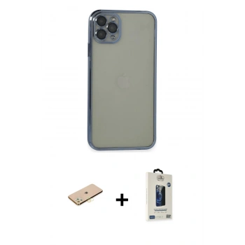 MARSİLYAN™- iPhone 11 Pro Max Kılıf Vadi Minimal - Siyah Bilvis Hayalet Cam Ekran Koruyucu + Renkli Kamera Lens Koruma Cam - SI
