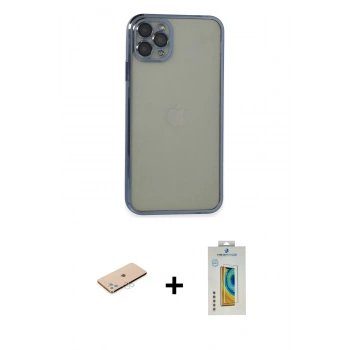 MARSİLYAN™- iPhone 11 Pro Max Kılıf Vadi Minimal - Siyah Polymer Nano Ekran Koruyucu + Renkli Kamera Lens Koruma Cam - MI