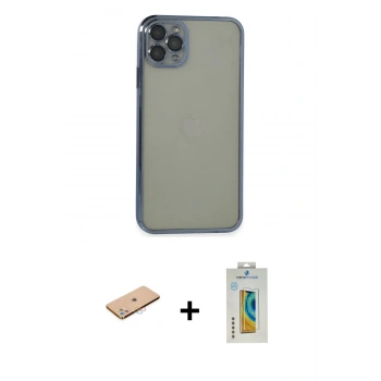 MARSİLYAN™- iPhone 11 Pro Max Kılıf Vadi Minimal - Siyah Polymer Nano Ekran Koruyucu + Renkli Kamera Lens Koruma Cam - PE