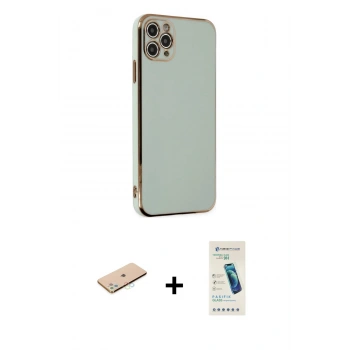 MARSİLYAN™- iPhone 11 Pro Max Kılıf Yankı Serisi - Şeffaf Pasifik Cam Ekran Koruyucu + Renkli Kamera Lens Koruma Cam - MI