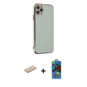 MARSİLYAN™- iPhone 11 Pro Max Kılıf Yankı Serisi - Siyah 18D Cam Ekran Koruyucu + Renkli Kamera Lens Koruma Cam - YL