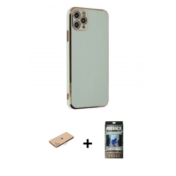 MARSİLYAN™- iPhone 11 Pro Max Kılıf Yankı Serisi - Siyah 34D Hayalet Izgaralı Cam + Renkli Kamera Lens Koruma Cam - PE