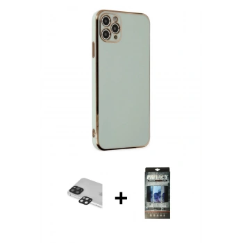 MARSİLYAN™- iPhone 11 Pro Max Kılıf Yankı Serisi - Siyah 34D Hayalet Izgaralı Cam + Pers Alüminyum Kamera Lens - SH