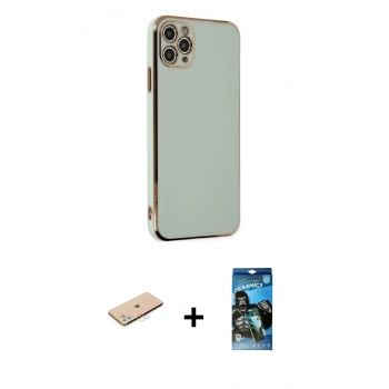 MARSİLYAN™- iPhone 11 Pro Max Kılıf Yankı Serisi - Siyah 34D Izgaralı Cam + Renkli Kamera Lens Koruma Cam - MI