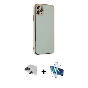 MARSİLYAN™- iPhone 11 Pro Max Kılıf Yankı Serisi - Siyah 3D Antistatik Cam Ekran Koruyucu + Pers Alüminyum Kamera Lens - SH