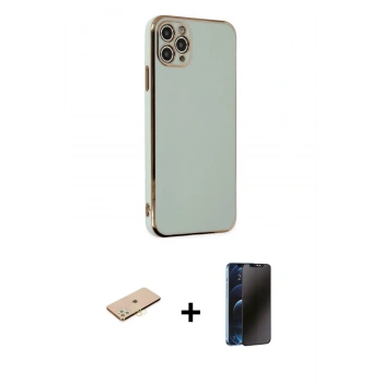 MARSİLYAN™- iPhone 11 Pro Max Kılıf Yankı Serisi - Siyah 3D Antistatik Hayalet Cam Ekran Koruyucu + Renkli Kamera Lens Koruma Cam - SI
