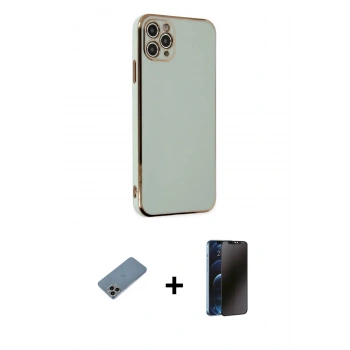 MARSİLYAN™- iPhone 11 Pro Max Kılıf Yankı Serisi - Siyah 3D Antistatik Hayalet Cam Ekran Koruyucu + Shine Kamera Lens Koruma Cam - GI