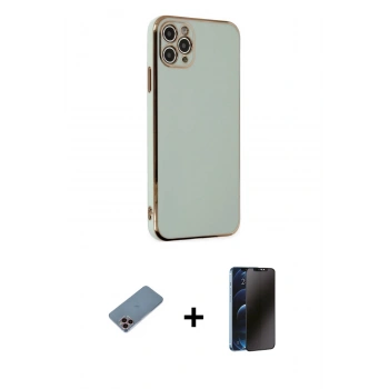 MARSİLYAN™- iPhone 11 Pro Max Kılıf Yankı Serisi - Siyah 3D Antistatik Hayalet Cam Ekran Koruyucu + Shine Kamera Lens Koruma Cam - PE