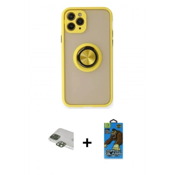 MARSİLYAN™- iPhone 11 Pro Max Kılıf Yörünge Çizgi - Siyah 18D Cam Ekran Koruyucu + Pers Alüminyum Kamera Lens - YL