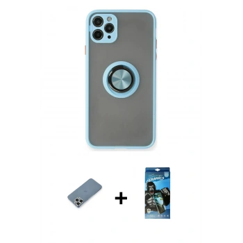 MARSİLYAN™- iPhone 11 Pro Max Kılıf Yörünge Çizgi - Siyah 34D Izgaralı Cam + Metal Kamera Lens Koruma Cam - GS