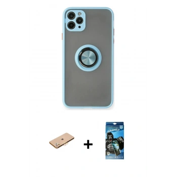 MARSİLYAN™- iPhone 11 Pro Max Kılıf Yörünge Çizgi - Siyah 34D Izgaralı Cam + Renkli Kamera Lens Koruma Cam - TU