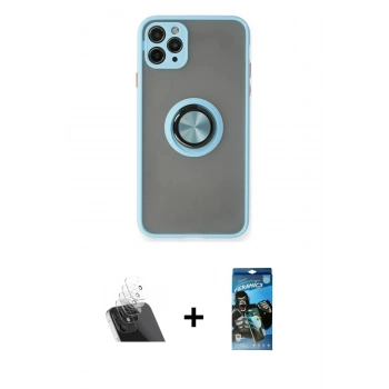 MARSİLYAN™- iPhone 11 Pro Max Kılıf Yörünge Çizgi - Siyah 34D Izgaralı Cam + Kamera Lens Koruma Cam - SF