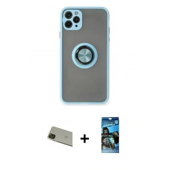 MARSİLYAN™- iPhone 11 Pro Max Kılıf Yörünge Çizgi - Siyah 34D Izgaralı Cam + Rainbow Kamera Lens Koruma Cam - YL