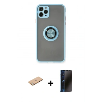 MARSİLYAN™- iPhone 11 Pro Max Kılıf Yörünge Çizgi - Siyah 3D Antistatik Hayalet Cam Ekran Koruyucu + Renkli Kamera Lens Koruma Cam - PE