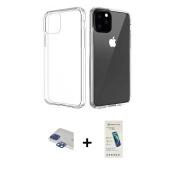 MARSİLYAN™- iPhone 11 Pro Max Kılıf Zirve Doku - Şeffaf Pasifik Cam Ekran Koruyucu + Pers Alüminyum Kamera Lens - LT