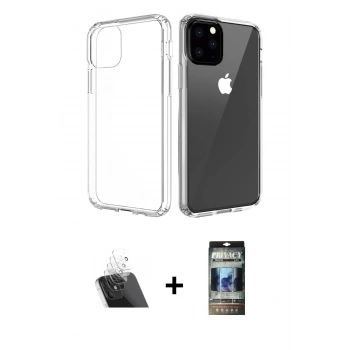 MARSİLYAN™- iPhone 11 Pro Max Kılıf Zirve Doku - Siyah 34D Hayalet Izgaralı Cam + Kamera Lens Koruma Cam - SF
