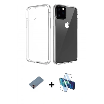MARSİLYAN™- iPhone 11 Pro Max Kılıf Zirve Doku - Siyah 3D Antistatik Cam Ekran Koruyucu + Shine Kamera Lens Koruma Cam - PE