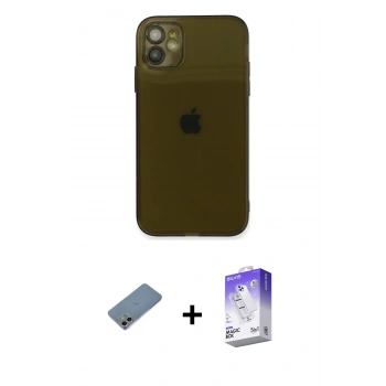 MARSİLYAN™- iPhone 12 Kılıf Ahenk Doku - Siyah Bilvis 5in1 3D Magic Cam Ekran Koruyucu + Shine Kamera Lens Koruma Cam - GI