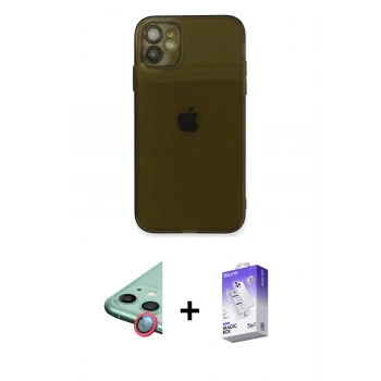 MARSİLYAN™- iPhone 12 Kılıf Ahenk Doku - Siyah Bilvis 5in1 3D Magic Cam Ekran Koruyucu + Raze Metal Kamera Lens - KI