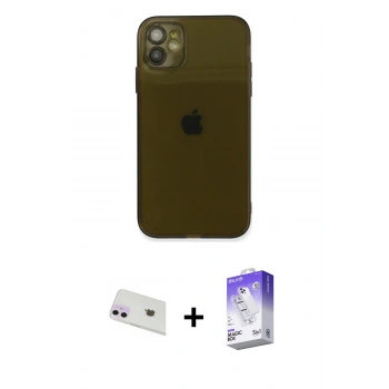 MARSİLYAN™- iPhone 12 Kılıf Ahenk Doku - Siyah Bilvis 5in1 3D Magic Cam Ekran Koruyucu + Rainbow Kamera Lens Koruma Cam - MR