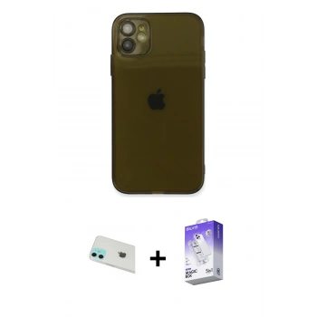MARSİLYAN™- iPhone 12 Kılıf Ahenk Doku - Siyah Bilvis 5in1 3D Magic Cam Ekran Koruyucu + Rainbow Kamera Lens Koruma Cam - YL