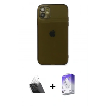 MARSİLYAN™- iPhone 12 Kılıf Ahenk Doku - Siyah Bilvis 5in1 3D Magic Cam Ekran Koruyucu + Kamera Lens Koruma Cam - SF