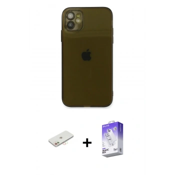 MARSİLYAN™- iPhone 12 Kılıf Ahenk Doku - Siyah Bilvis 5in1 3D Magic Cam Ekran Koruyucu + Renkli Kamera Lens Koruma Cam - YL