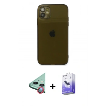 MARSİLYAN™- iPhone 12 Kılıf Ahenk Doku - Siyah Bilvis 5in1 5D Magic Hayalet Cam Ekran Koruyucu + Raze Metal Kamera Lens - KI