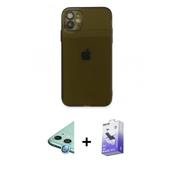 MARSİLYAN™- iPhone 12 Kılıf Ahenk Doku - Siyah Bilvis 5in1 5D Magic Hayalet Cam Ekran Koruyucu + Raze Metal Kamera Lens - MI