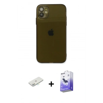 MARSİLYAN™- iPhone 12 Kılıf Ahenk Doku - Siyah Bilvis 5in1 5D Magic Hayalet Cam Ekran Koruyucu + Renkli Kamera Lens Koruma Cam - SI