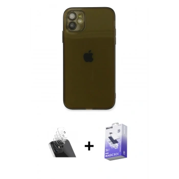 MARSİLYAN™- iPhone 12 Kılıf Ahenk Doku - Siyah Bilvis 5in1 5D Magic Hayalet Cam Ekran Koruyucu + Kamera Lens Koruma Cam - SF