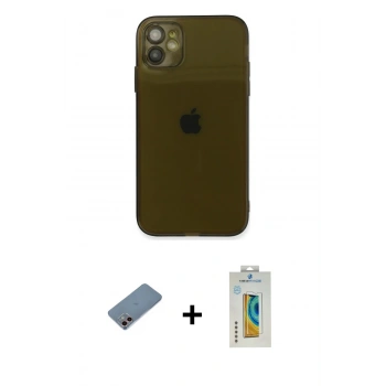 MARSİLYAN™- iPhone 12 Kılıf Ahenk Doku - Siyah Polymer Nano Ekran Koruyucu + Shine Kamera Lens Koruma Cam - PE