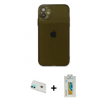 MARSİLYAN™- iPhone 12 Kılıf Ahenk Doku - Siyah Polymer Nano Ekran Koruyucu + Rainbow Kamera Lens Koruma Cam - YL