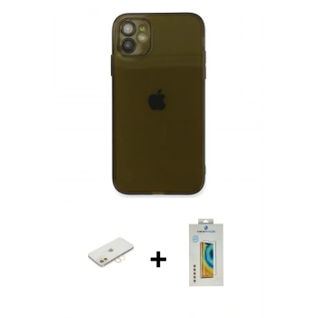 MARSİLYAN™- iPhone 12 Kılıf Ahenk Doku - Siyah Polymer Nano Ekran Koruyucu + Renkli Kamera Lens Koruma Cam - SI