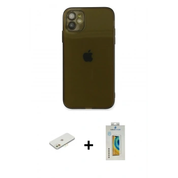 MARSİLYAN™- iPhone 12 Kılıf Ahenk Doku - Siyah Polymer Nano Ekran Koruyucu + Renkli Kamera Lens Koruma Cam - TU